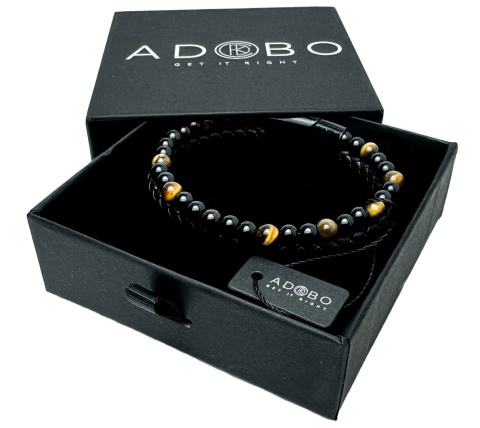 Czarna bransoletka rzemykowa ze skóry ekologicznej i naturalnym kamieniem tygrysie oko