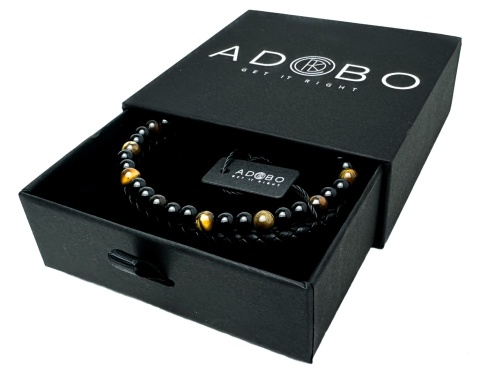 Czarna bransoletka rzemykowa ze skóry ekologicznej i naturalnym kamieniem tygrysie oko