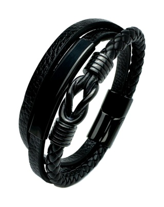 Czarna bransoletka rzemykowa ze skóry ekologicznej i stali nierdzewnej, z ozdobnym stalowym, czarnym węzłem