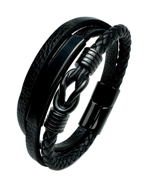 Czarna bransoletka rzemykowa ze skóry ekologicznej i stali nierdzewnej, z ozdobnym stalowym, czarnym węzłem