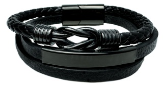 Czarna bransoletka rzemykowa ze skóry ekologicznej i stali nierdzewnej, z ozdobnym stalowym, czarnym węzłem