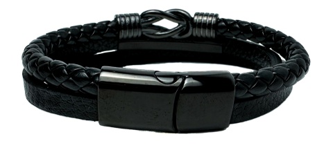 Czarna bransoletka rzemykowa ze skóry ekologicznej i stali nierdzewnej, z ozdobnym stalowym, czarnym węzłem