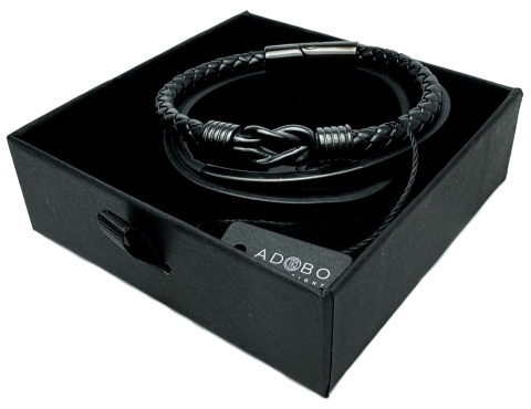 Czarna bransoletka rzemykowa ze skóry ekologicznej i stali nierdzewnej, z ozdobnym stalowym, czarnym węzłem