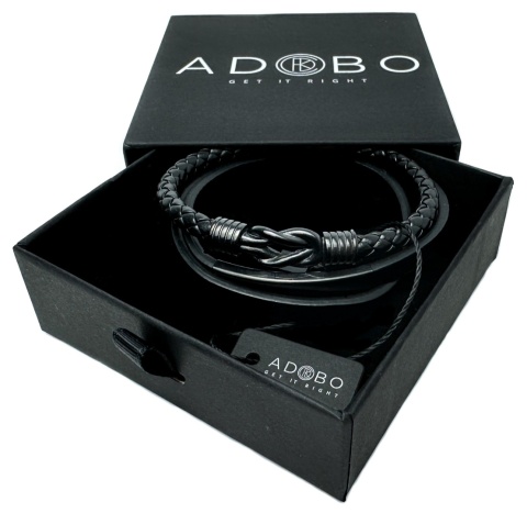 Czarna bransoletka rzemykowa ze skóry ekologicznej i stali nierdzewnej, z ozdobnym stalowym, czarnym węzłem