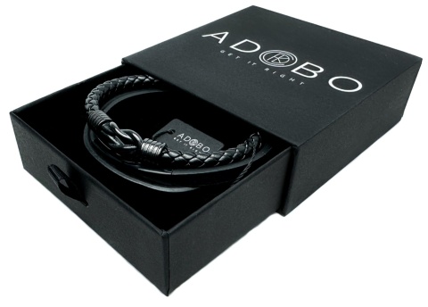 Czarna bransoletka rzemykowa ze skóry ekologicznej i stali nierdzewnej, z ozdobnym stalowym, czarnym węzłem