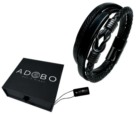 Czarna bransoletka rzemykowa ze skóry ekologicznej i stali nierdzewnej, z ozdobnym stalowym, czarnym węzłem