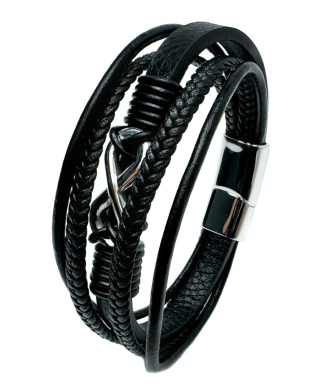 Czarna bransoletka rzemykowa ze skóry ekologicznej i stali nierdzewnej, z symbolem nieskończoności