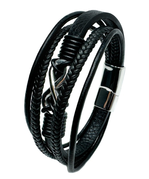 Czarna bransoletka rzemykowa ze skóry ekologicznej i stali nierdzewnej, z symbolem nieskończoności