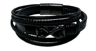 Czarna bransoletka rzemykowa ze skóry ekologicznej i stali nierdzewnej, z symbolem nieskończoności