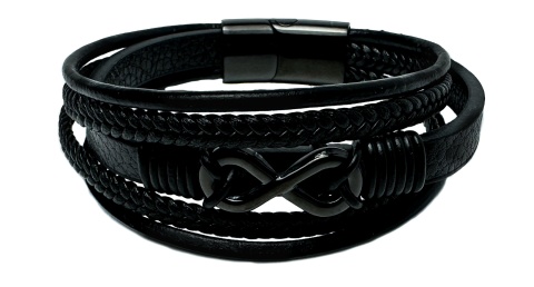Czarna bransoletka rzemykowa ze skóry ekologicznej i stali nierdzewnej, z symbolem nieskończoności