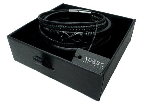 Czarna bransoletka rzemykowa ze skóry ekologicznej i stali nierdzewnej, z symbolem nieskończoności