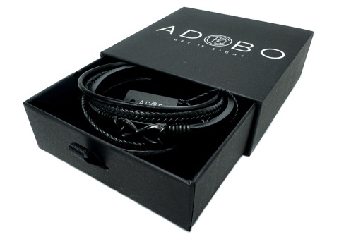 Czarna bransoletka rzemykowa ze skóry ekologicznej i stali nierdzewnej, z symbolem nieskończoności