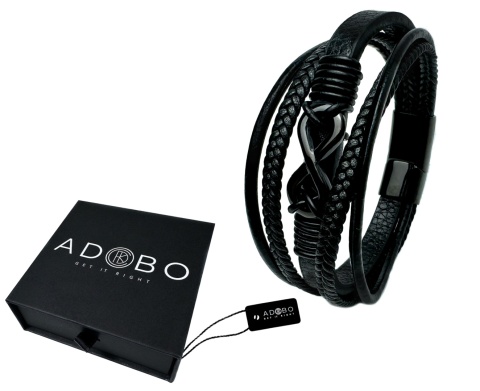 Czarna bransoletka rzemykowa ze skóry ekologicznej i stali nierdzewnej, z symbolem nieskończoności