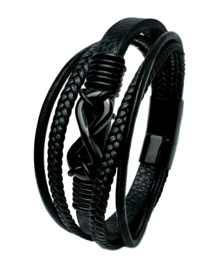 Czarna bransoletka rzemykowa ze skóry ekologicznej i stali nierdzewnej, z symbolem nieskończoności