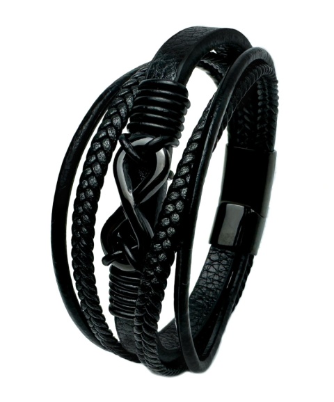 Czarna bransoletka rzemykowa ze skóry ekologicznej i stali nierdzewnej, z symbolem nieskończoności