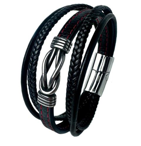 Czarna bransoletka rzemykowa ze skóry ekologicznej i stali nierdzewnej, z węzłem w stylu vintage