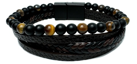 Czarna bransoletka rzemykowa ze skóry ekologicznej i naturalnym kamieniem tygrysie oko