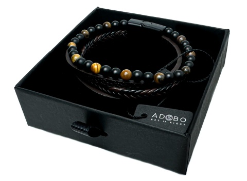 Czarna bransoletka rzemykowa ze skóry ekologicznej i naturalnym kamieniem tygrysie oko