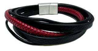 Czarna bransoletka rzemykowa ze skóry ekologicznej, z efektownym czerwonym rzemieniem
