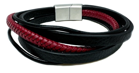 Czarna bransoletka rzemykowa ze skóry ekologicznej, z efektownym czerwonym rzemieniem