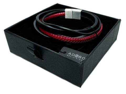 Czarna bransoletka rzemykowa ze skóry ekologicznej, z efektownym czerwonym rzemieniem