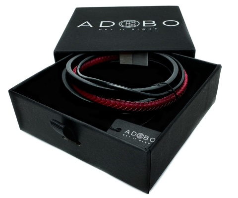 Czarna bransoletka rzemykowa ze skóry ekologicznej, z efektownym czerwonym rzemieniem