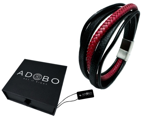 Czarna bransoletka rzemykowa ze skóry ekologicznej, z efektownym czerwonym rzemieniem