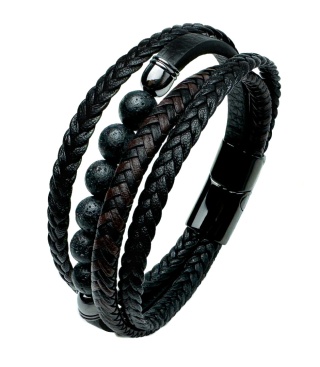 Czarna bransoletka rzemykowa ze skóry ekologicznej i stali nierdzewnej, z koralikami ze skały wulkanicznej
