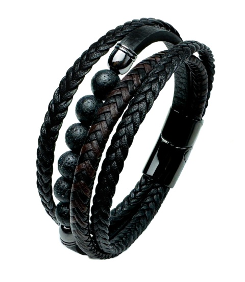 Czarna bransoletka rzemykowa ze skóry ekologicznej i stali nierdzewnej, z koralikami ze skały wulkanicznej