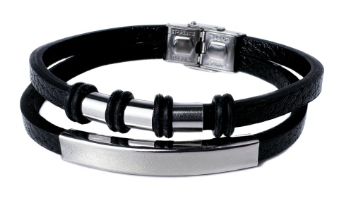 Czarna bransoletka rzemykowa ze skóry ekologicznej i zdobieniami ze stali nierdzewnej