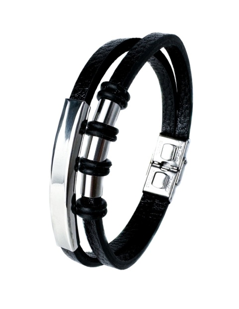 Czarna bransoletka rzemykowa ze skóry ekologicznej i zdobieniami ze stali nierdzewnej