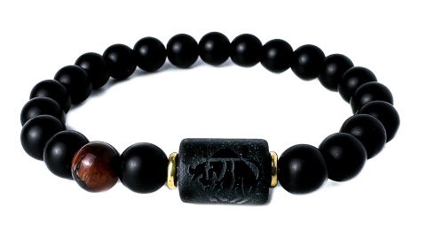Czarna bransoletka kulkowa z obsydianu i skały wulkanicznej, z motywem znaku zodiaku byk