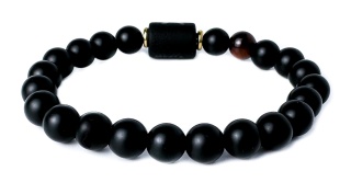Czarna bransoletka kulkowa z obsydianu i skały wulkanicznej, z motywem znaku zodiaku byk