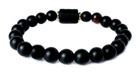 Czarna bransoletka kulkowa z obsydianu i skały wulkanicznej, z motywem znaku zodiaku byk