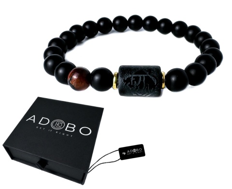 Czarna bransoletka kulkowa z obsydianu i skały wulkanicznej, z motywem znaku zodiaku byk