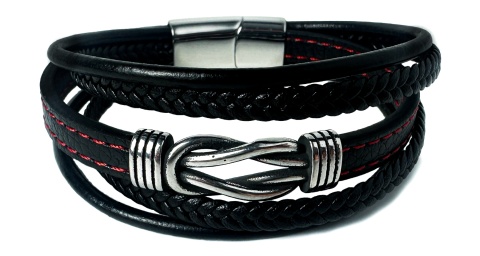 Czarna bransoletka rzemykowa ze skóry ekologicznej i stali nierdzewnej, z węzłem w stylu vintage