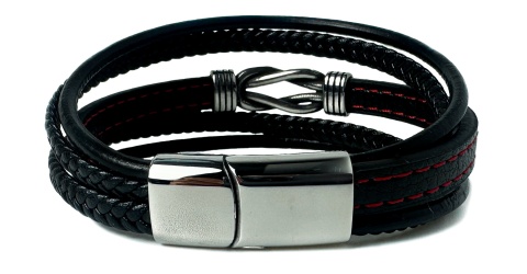 Czarna bransoletka rzemykowa ze skóry ekologicznej i stali nierdzewnej, z węzłem w stylu vintage
