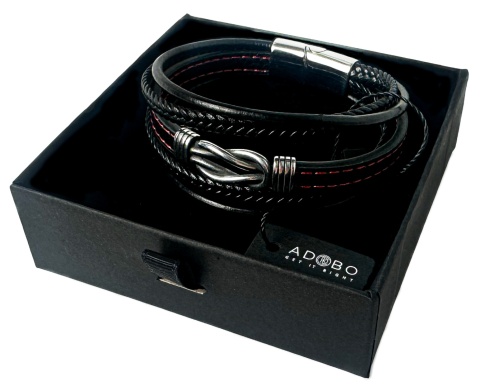 Czarna bransoletka rzemykowa ze skóry ekologicznej i stali nierdzewnej, z węzłem w stylu vintage