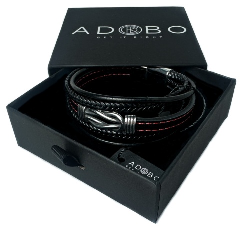 Czarna bransoletka rzemykowa ze skóry ekologicznej i stali nierdzewnej, z węzłem w stylu vintage