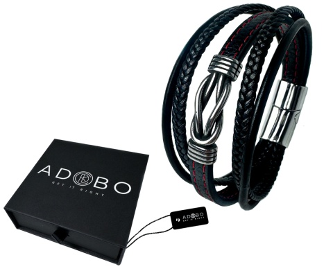 Czarna bransoletka rzemykowa ze skóry ekologicznej i stali nierdzewnej, z węzłem w stylu vintage