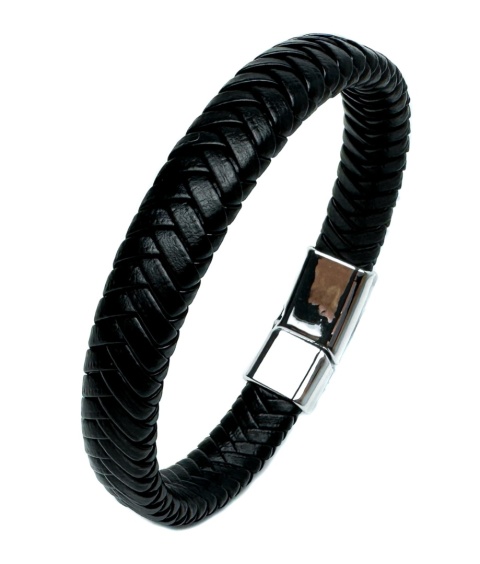 Czarna bransoletka rzemykowa ze skóry ekologicznej i stali nierdzewnej