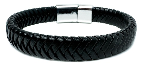 Czarna bransoletka rzemykowa ze skóry ekologicznej i stali nierdzewnej
