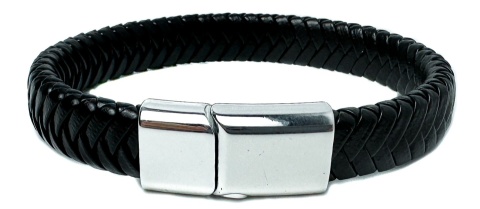 Czarna bransoletka rzemykowa ze skóry ekologicznej i stali nierdzewnej
