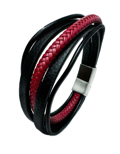 Czarna bransoletka rzemykowa ze skóry ekologicznej, z efektownym czerwonym rzemieniem