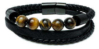 Czarna bransoletka rzemykowa ze skóry ekologicznej i stali nierdzewnej, z naturalnym kamieniem tygrysie oko