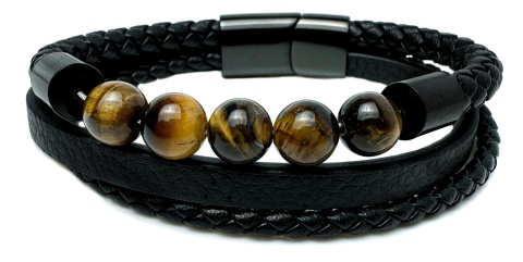 Czarna bransoletka rzemykowa ze skóry ekologicznej i stali nierdzewnej, z naturalnym kamieniem tygrysie oko