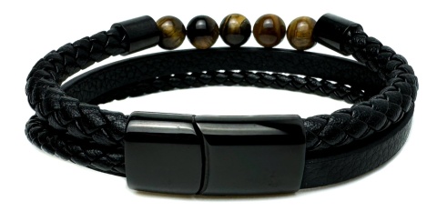 Czarna bransoletka rzemykowa ze skóry ekologicznej i stali nierdzewnej, z naturalnym kamieniem tygrysie oko