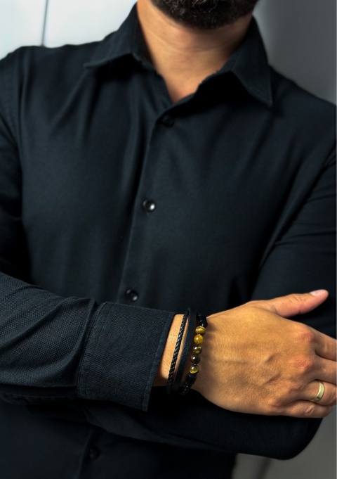 Czarna bransoletka rzemykowa ze skóry ekologicznej i stali nierdzewnej, z naturalnym kamieniem tygrysie oko