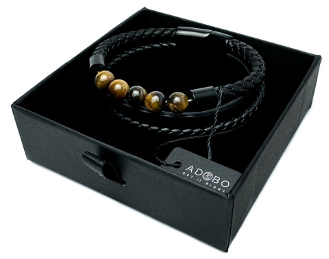 Czarna bransoletka rzemykowa ze skóry ekologicznej i stali nierdzewnej, z naturalnym kamieniem tygrysie oko