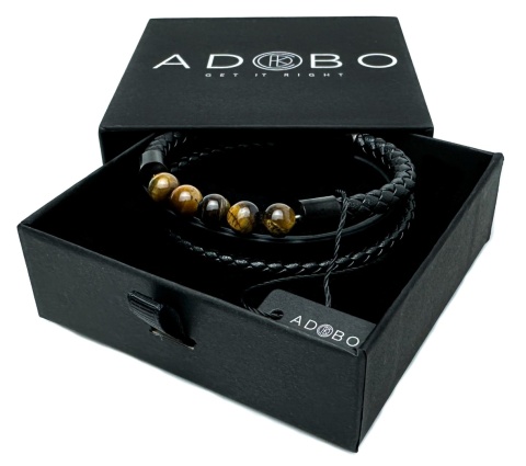 Czarna bransoletka rzemykowa ze skóry ekologicznej i stali nierdzewnej, z naturalnym kamieniem tygrysie oko